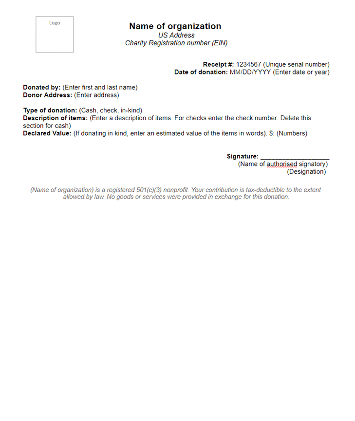 501C3 Donation Receipt Template USA