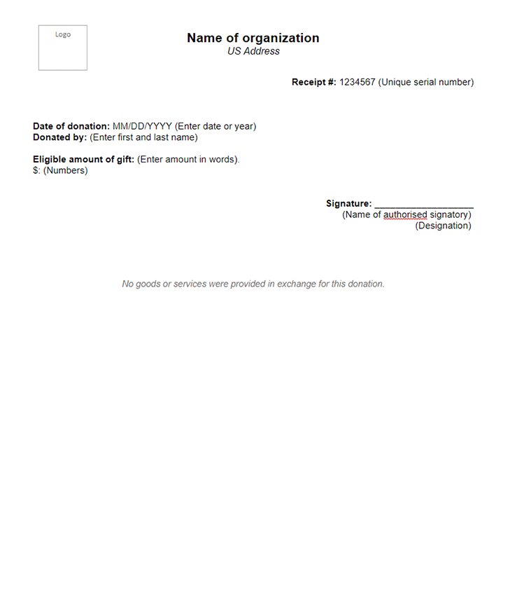 Cash Donation Receipt Template USA