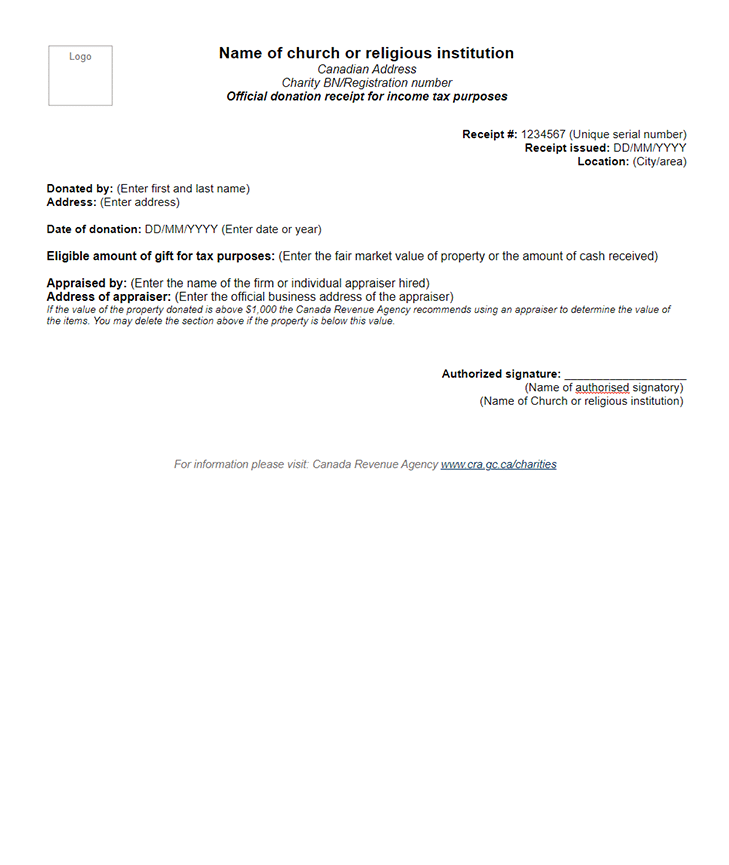 Church Donation Receipt Template CANADA