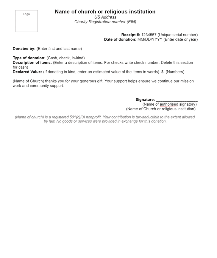 Church Donation Receipt Template USA