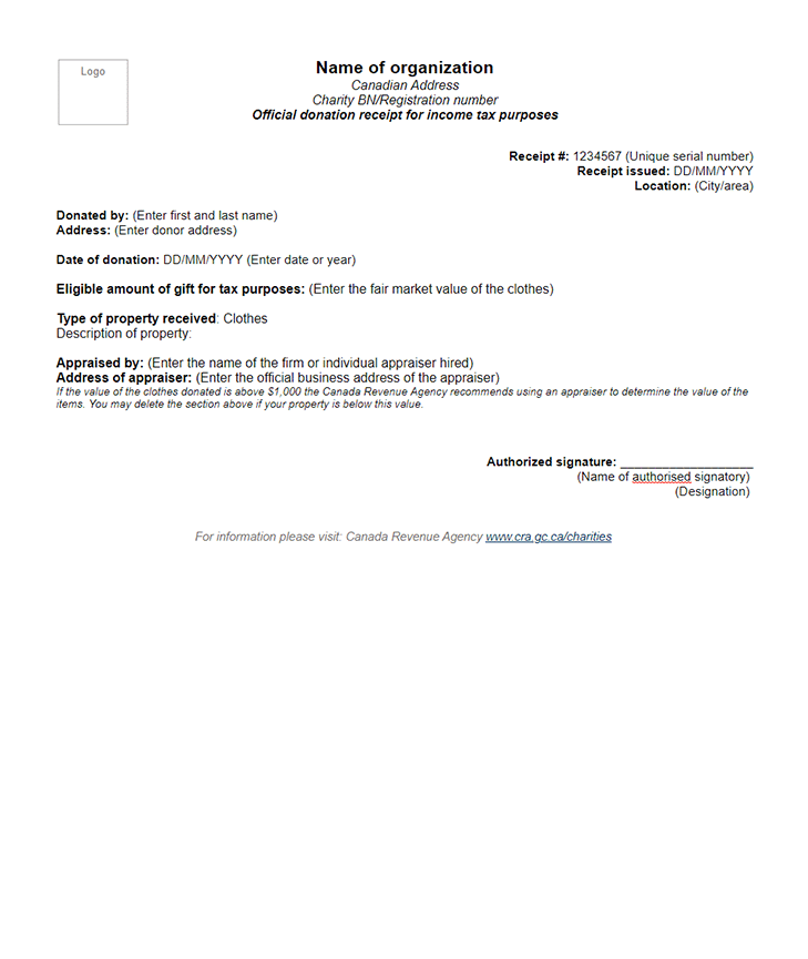 Clothing Donation Receipt Template CANADA