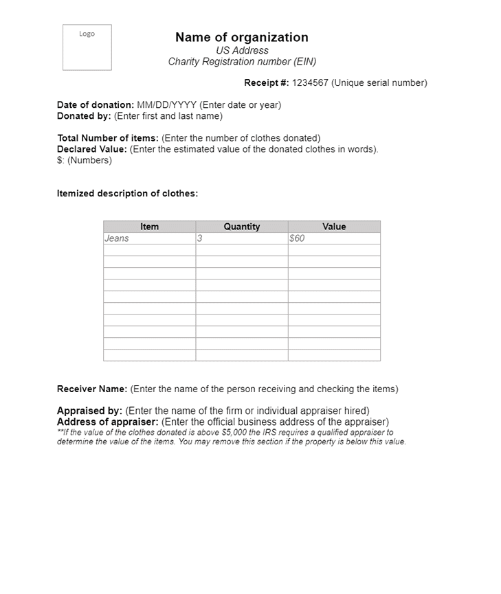 Clothing Donation Receipt Template USA