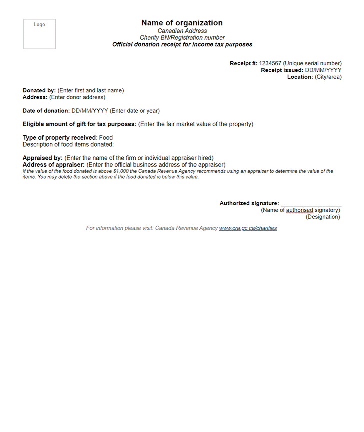 Food Donation Receipt Template CANADA