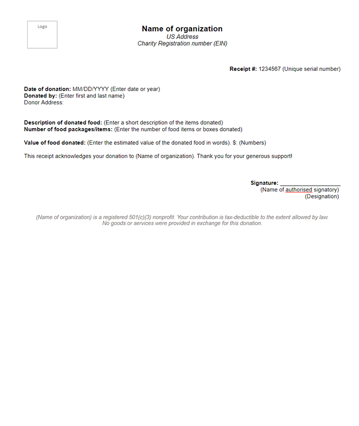 Food Donation Receipt Template USA