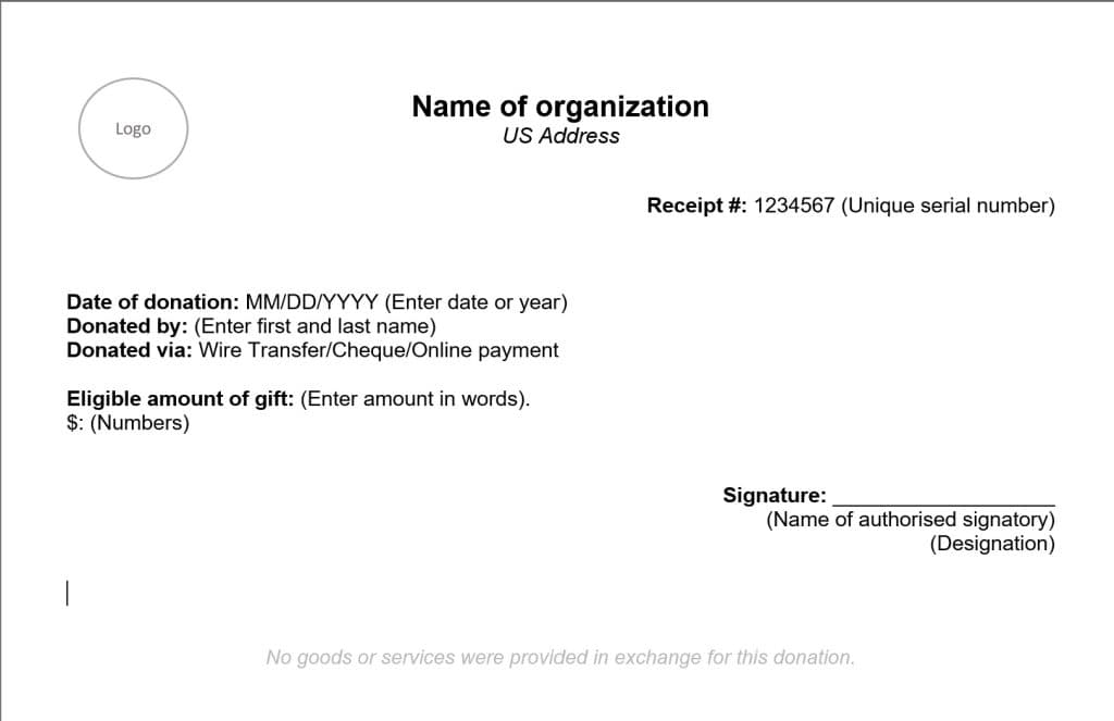 Online Donation Receipt Template US