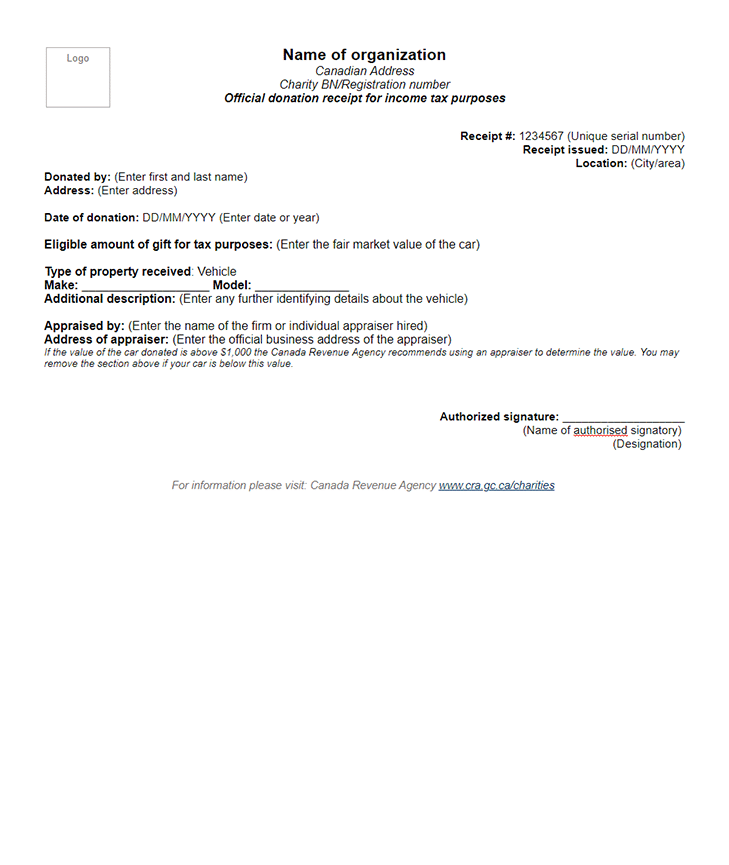 Vehicle Donation Receipt Template CANADA