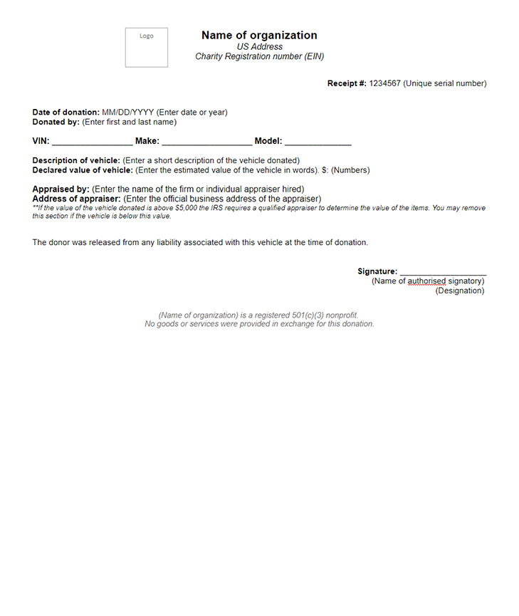Vehicle Donation Receipt Template USA