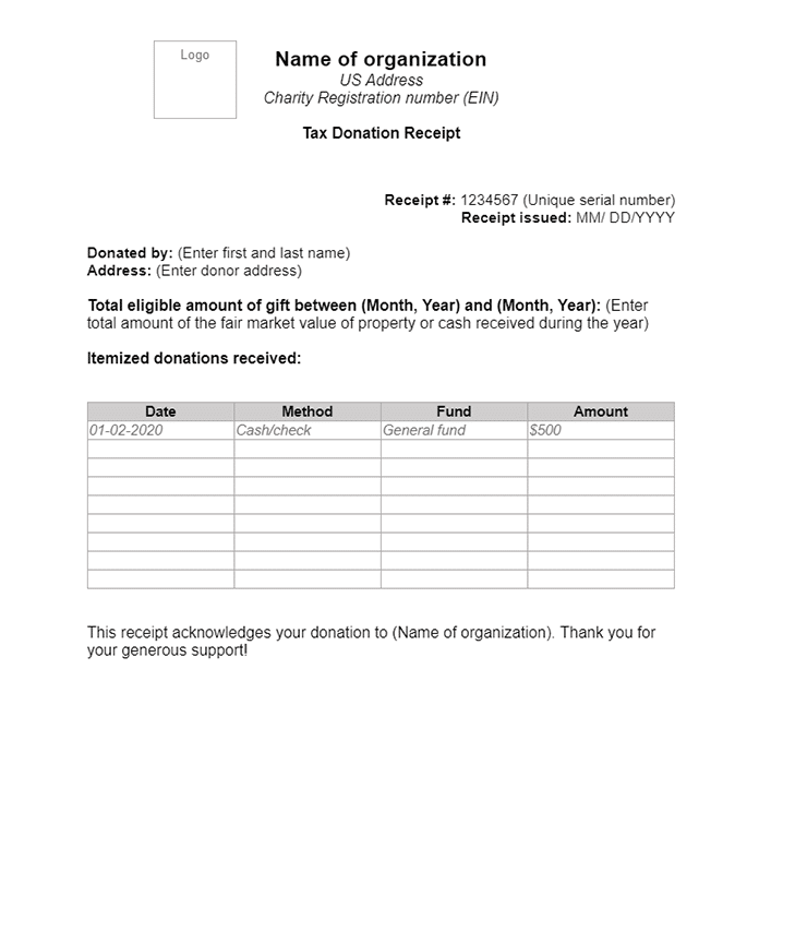 Year End Donation Receipt Template USA