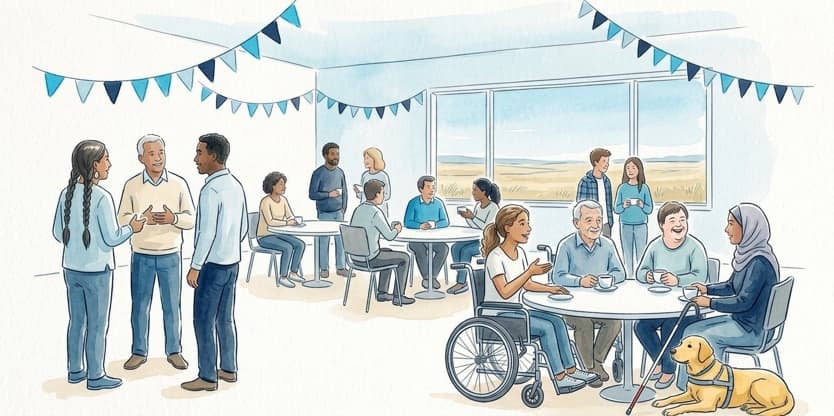 Watercolor illustration of a community gathering in an airy hall, with people of a range of ages, ethnicities and disabilities talking over coffee