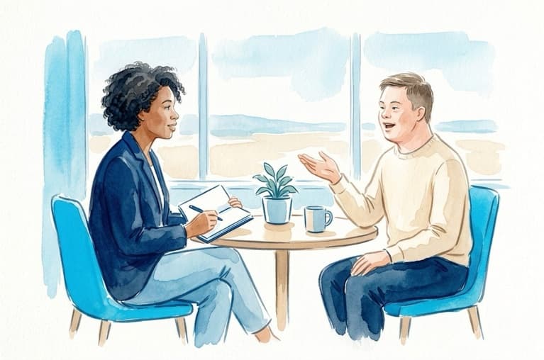 Watercolor illustration of a support worker and a young man with Down syndrome talking across a small table in a sunlit office