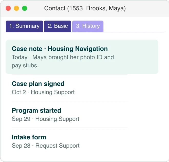 A Sumac client record on the History tab, with the new case note on top