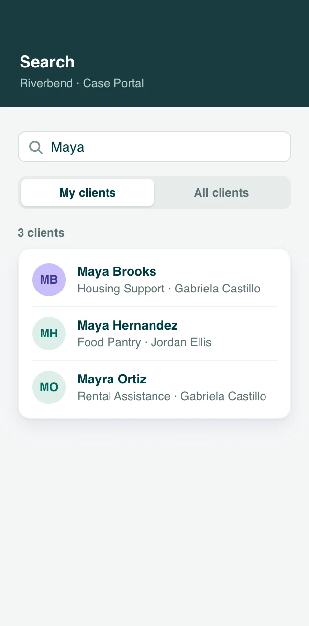 Searching for a client in the Sumac Case Portal