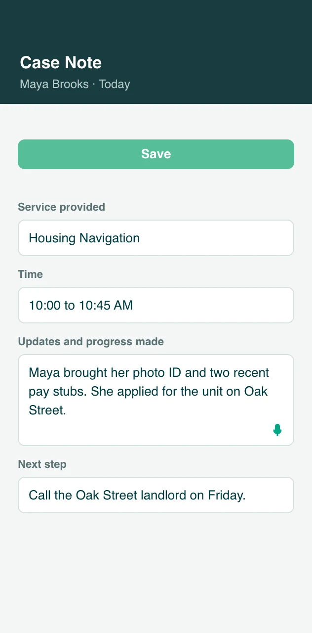 A case note written on a phone in the Sumac Case Portal