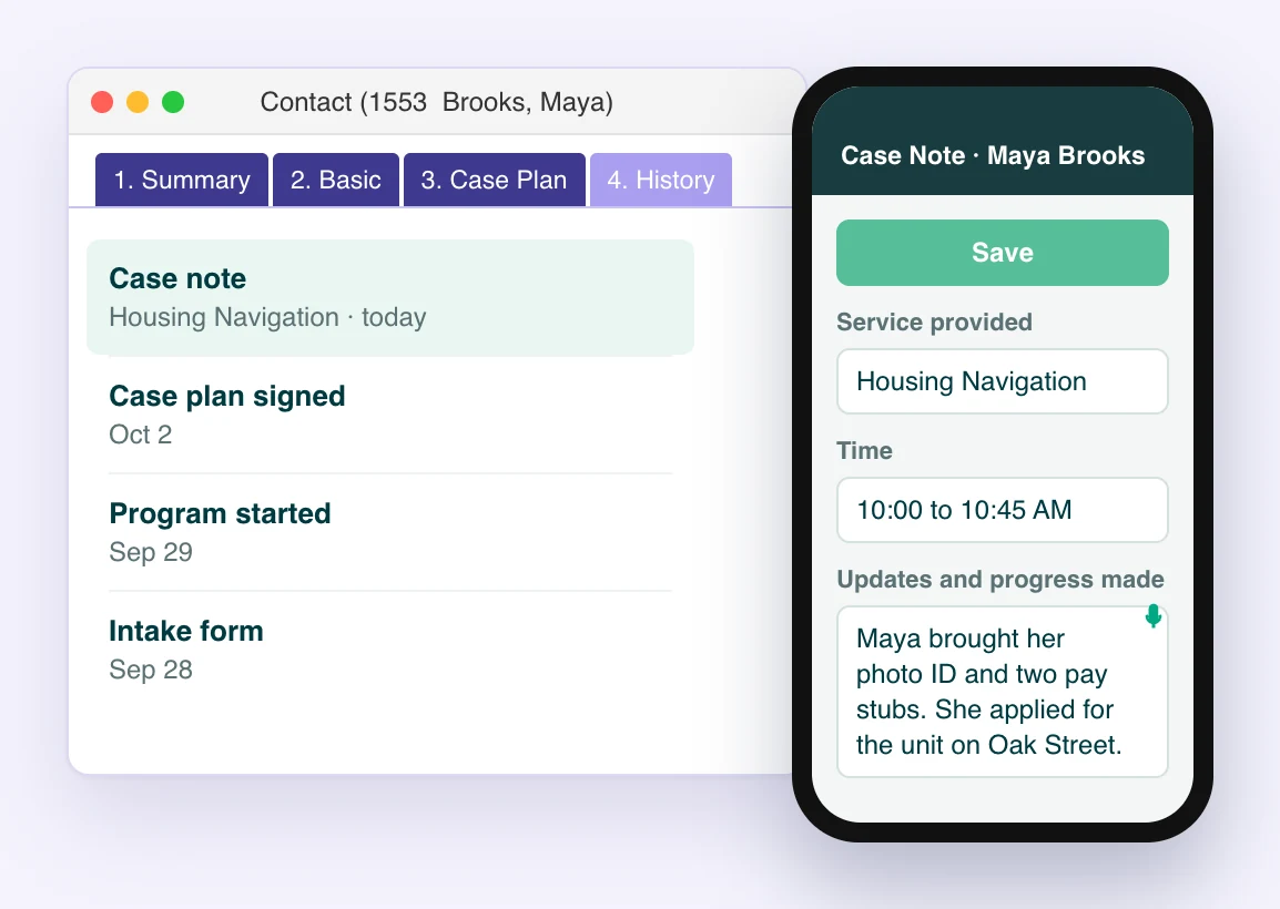 A case note written on a phone in the Sumac Case Portal, filed on the client record