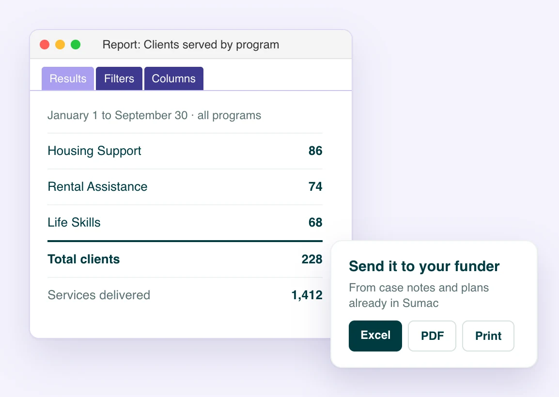 A Sumac report of clients served by program, ready to export